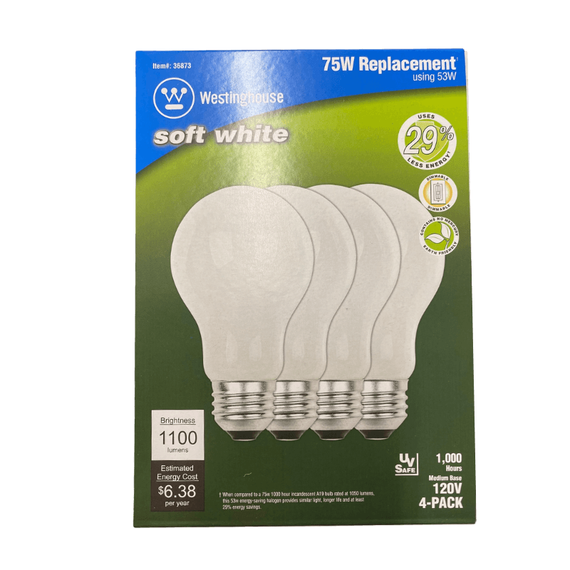 Westinghouse, Westinghouse 53 watt A19 A-Line Lampadina alogena 1.100 lumen bianco morbido 4-Pack.